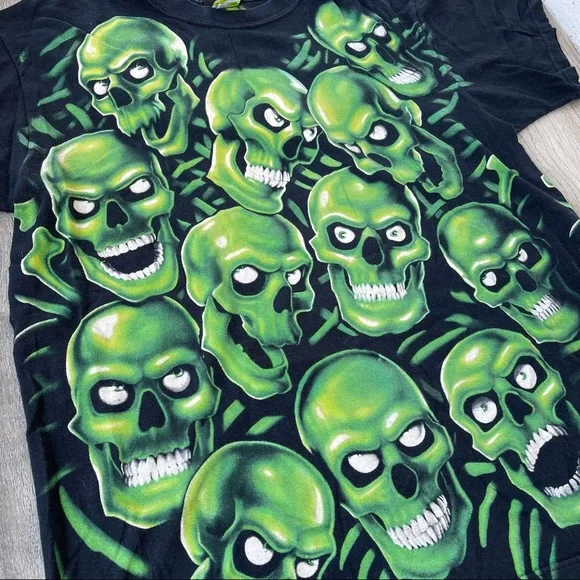 Liquid Blue Authentic Green Skull Print Black T Shirt Large Adult Vintage 2001 - Picture 12 of 16